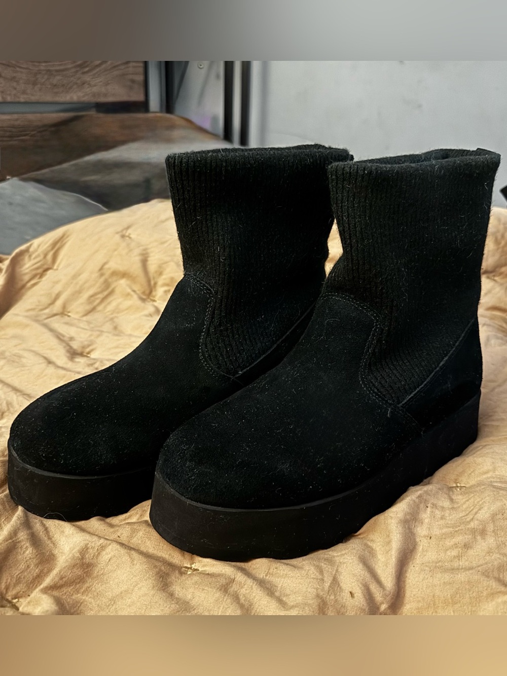 Time and Tru Black Suede Knit-Top Platform Boots